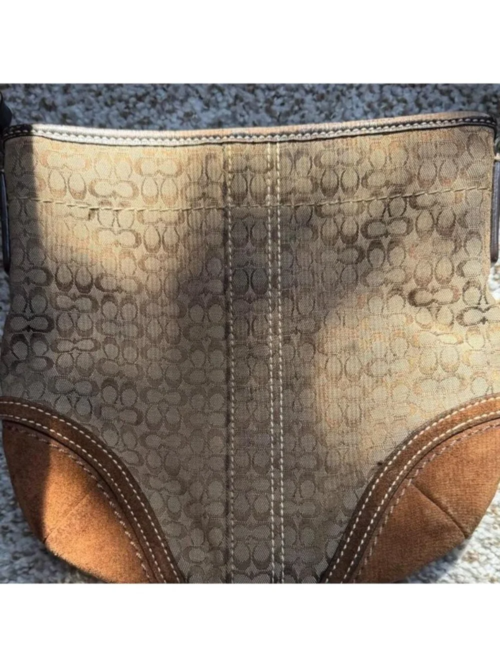 oach Y2K Signature Canvas Suede Trim Crossbody Bag Brown Monogram Shoulder Purse